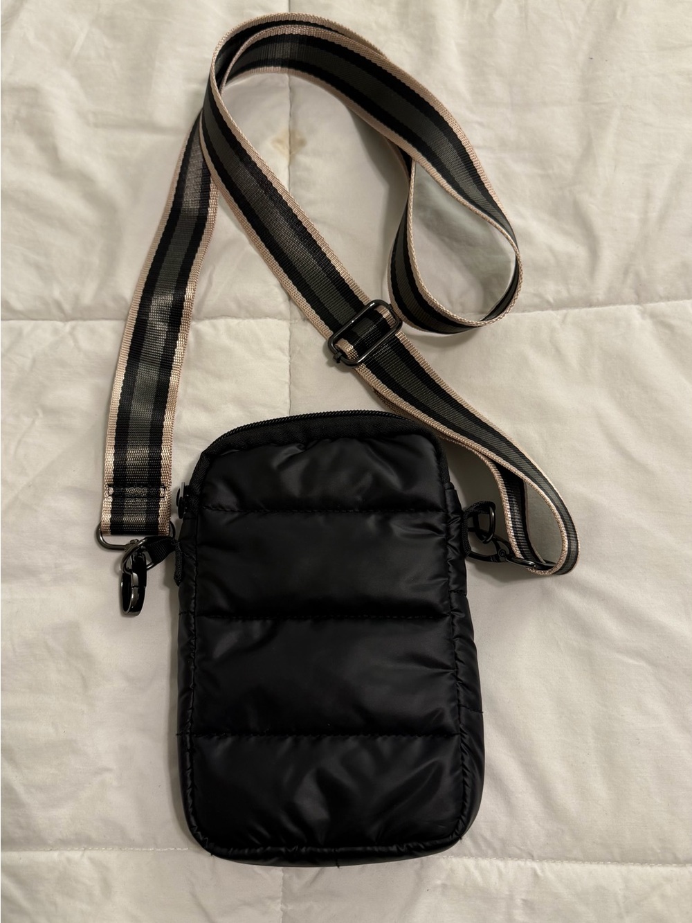 Black Quilted Crossbody Phone Bag with Striped Adjustable Strap